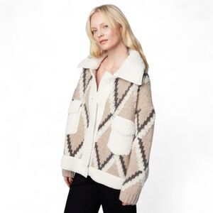 Blank NYC IN THE CARDS SWEATER Cream and Brown Knit Sweater, Sz L